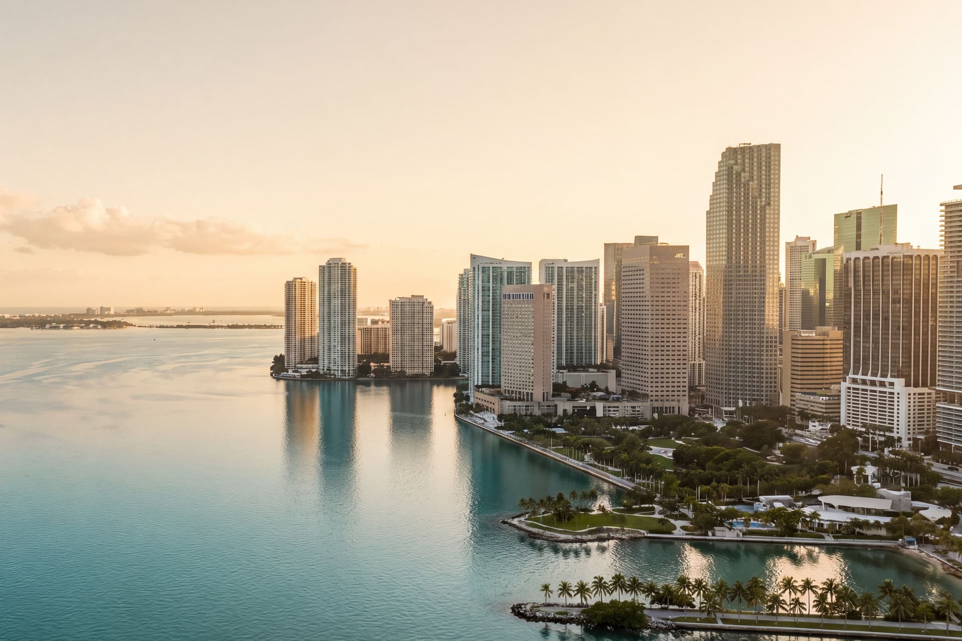The Miami skyline and Biscayne Bay at sunset