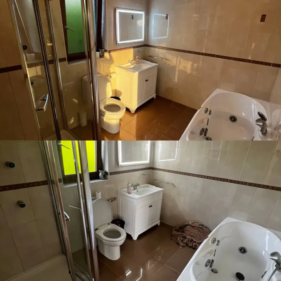 Bathroom after cleaning in the upper photo and before cleaning in the lower photo