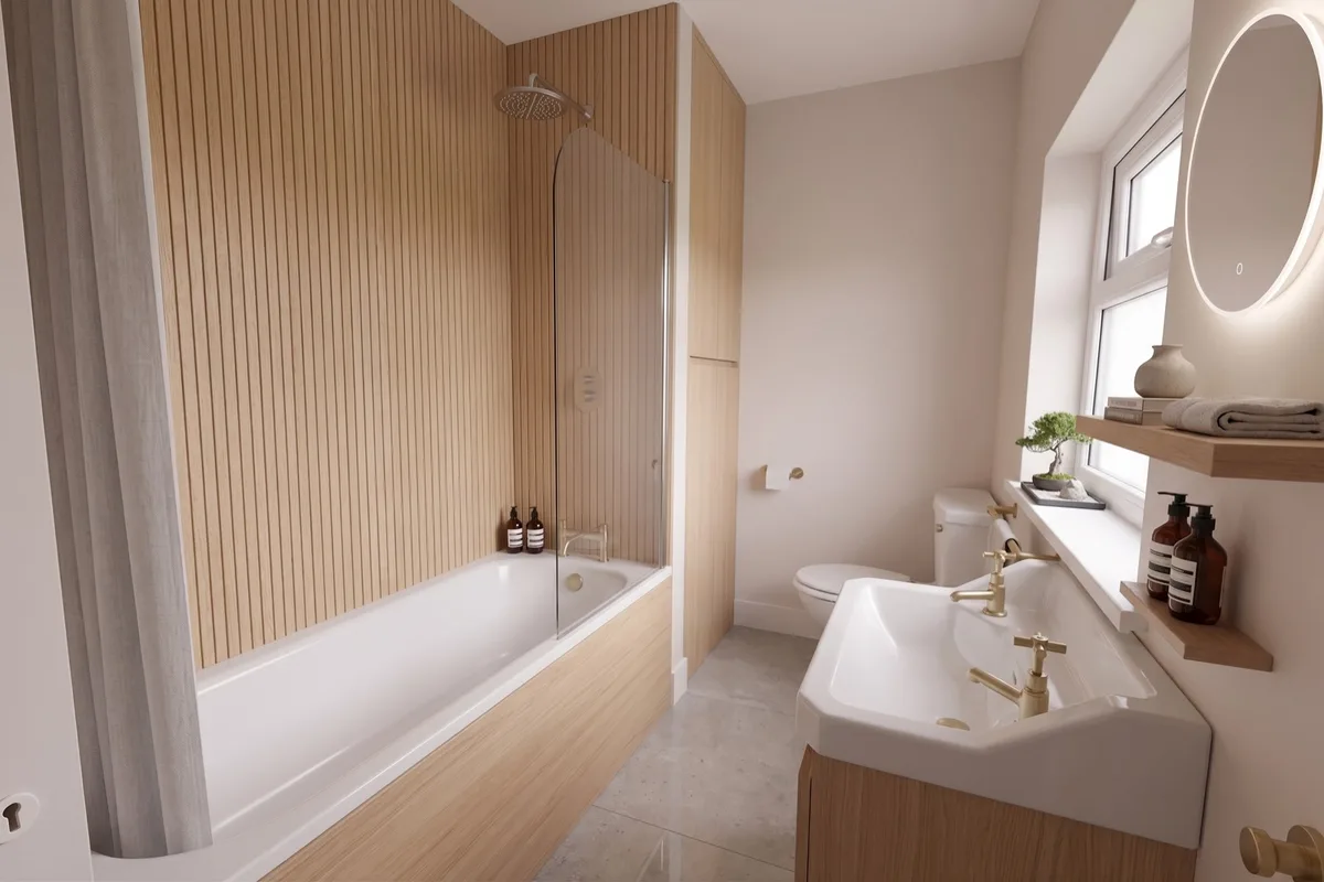 Same bathroom with timber-effect wall panels, vanity and round mirror