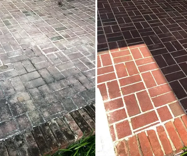 Side-by-side comparison of weathered brick paving and the cleaned surface