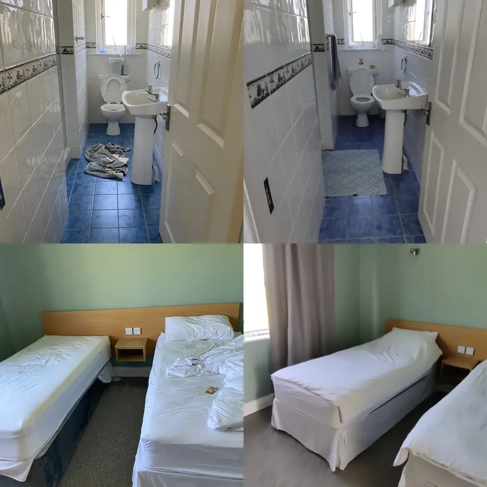 Before-and-after photos of a bathroom and twin guest room cleaned and reset