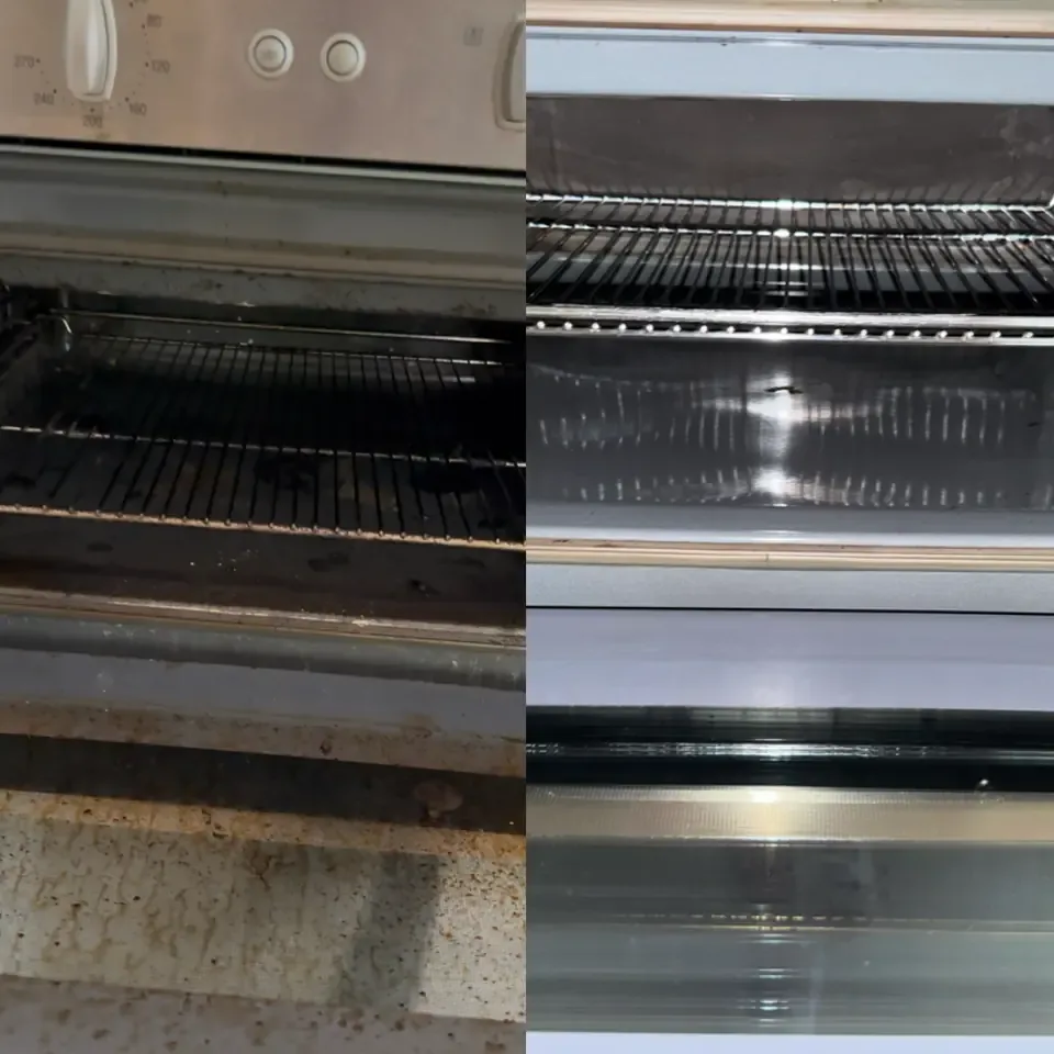 Oven racks and interior before and after removal of grease and residue